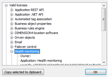 Screenshot of list of licensed features